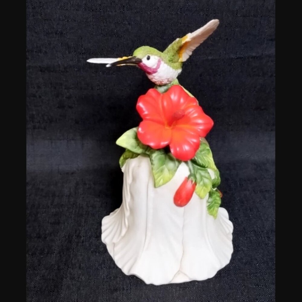 Vintage Porcelain Ruby Throated Humming Bird Bell Figurine Red Hibiscus Flower